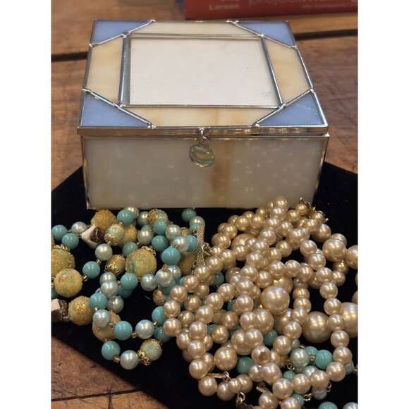 Elegant Glass & Metal Jewelry Box With signed Japan Beaded Necklace set of two p - Picture 11 of 16
